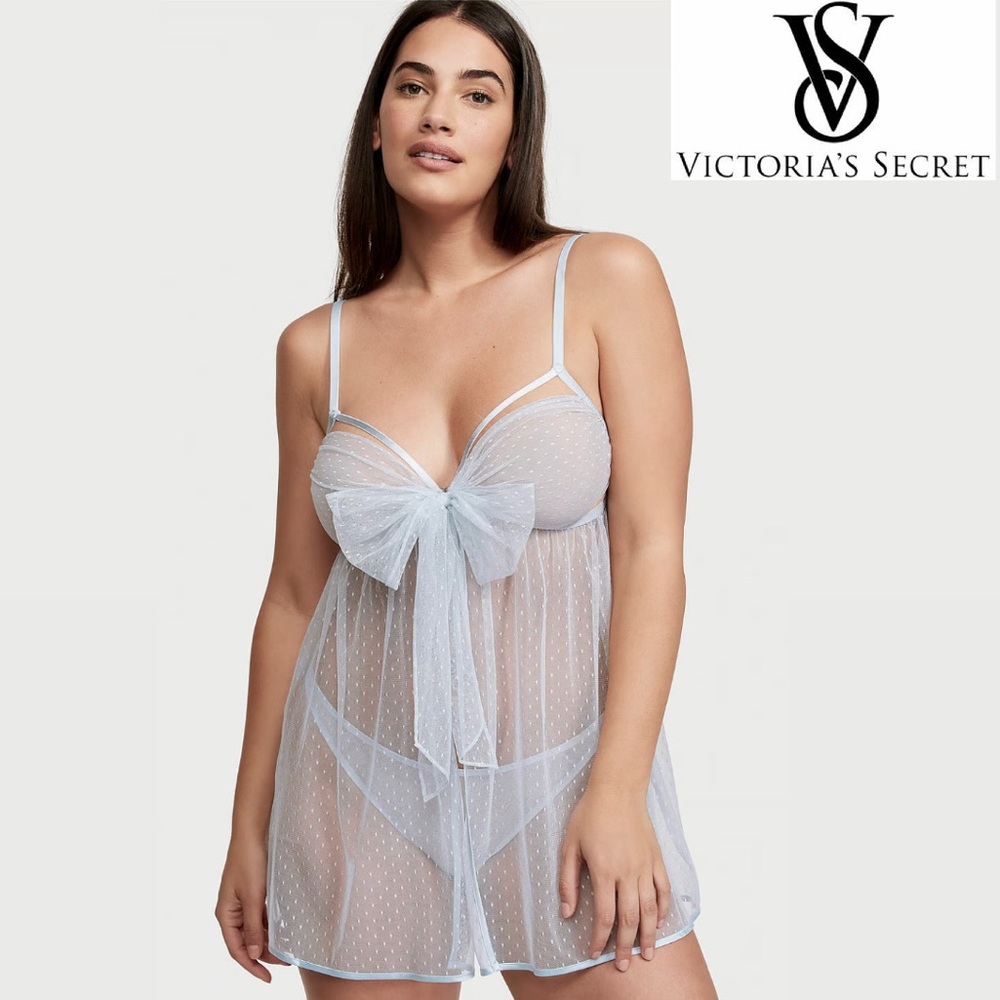 NWT Victoria’s Secret Sheer Dotted Mesh Babydoll Lingerie Set in Light Blue